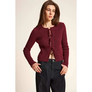 Regular Fit Bisiklet Yaka Bağlamalı Basic Düz Triko Bordo Hırka E6914AX25SP