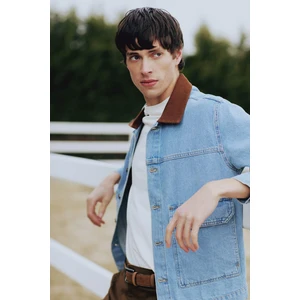 %100 Pamuk Slim Fit Dar Kesim Kontrast Yakalı Mevsimlik Baharlık Denim Ceket E6533AX25SP