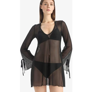 V Yaka Bağcıklı Tül Plaj Elbisesi-Fall in Love E1039AX25SP