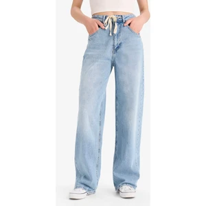 Wide Leg Bağcıklı Bel Uzun Jean Yıkamalı Pantolon