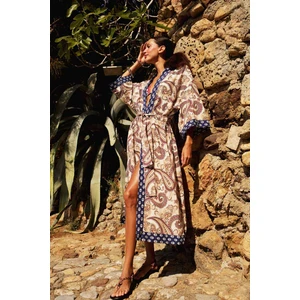 Regular Fit Kuşaklı Etnik Desenli Pamuklu Kimono-Fall in Love D0456AX25SP
