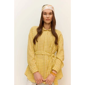Relax Fit Pötikareli Gofre Dokulu Kuşaklı Uzun Kollu Tesettür Gömlek Tunik E4558AX25SM