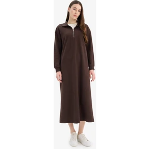 Loose Fit Fermuarlı Polo Yaka Selanik Kumaş Basic Düz Uzun Kollu Midi Elbise F1640AX25SP