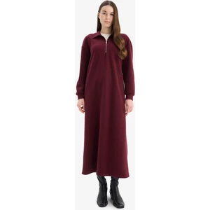 Loose Fit Fermuarlı Polo Yaka Selanik Kumaş Basic Düz Uzun Kollu Midi Elbise F1640AX25SP