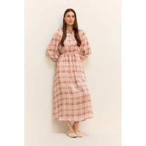 Regular Fit Gömlek Yaka Desenli Saten Uzun Kollu Maxi Elbise