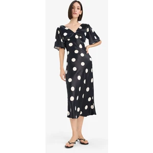 V Yaka Saten Puantiyeli Kısa Kollu Midi Elbise F6037AX25SM