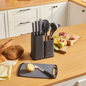 Massimo 12 Parça Standlı, Kesme Tahtalı Servis ve Bıçak Seti Antrasit