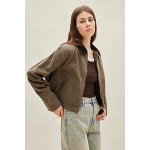 Regular Fit Kontrast Yakalı Fermuarlı Basic Düz Cepli Mevsimlik Pamuklu Ceket Mont E6260AX25SP