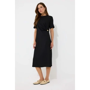 Regular Fit Bisiklet Yaka Basic Düz Bürümcük Kısa Kollu Midi Yazlık Elbise E7330AX25SM