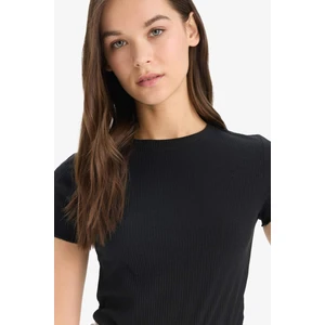 Fitted Bisiklet Yaka Basic Düz Fitilli Kaşkorse Kısa Kollu Siyah Tişört K7064AZ25SM
