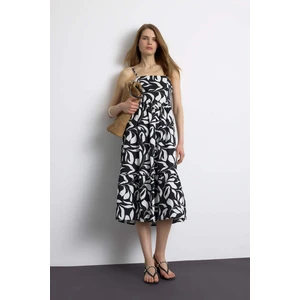 Çiçek Desenli Keten Görünümlü Askılı Midi Yazlık Elbise F0595AX25SM