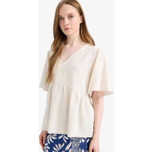 Regular Fit V Yaka Keten Karışımlı Kısa Kollu Bluz E7336AX25SM