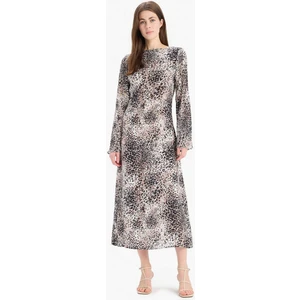 A Kesim Kayık Yaka Leopar Desenli Maroken Uzun Kollu Midi Elbise
