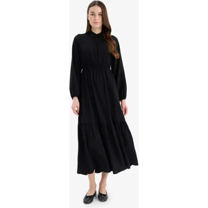 Gömlek Yaka Basic Düz Düğmeli Beli Büzgülü Uzun Kollu Maxi  Elbise