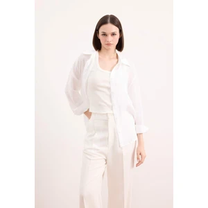 %100 Keten Oversize Geniş Kalıp Uzun Kollu Beyaz Gömlek Z6638AZ25SP