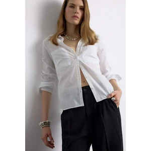 Regular Fit Basic Düz Keten Karışımlı Beyaz Uzun Kollu Gömlek V2522AZ25SP