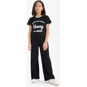 Kız Çocuk 2'li Takım Fitilli Kaşkorse Baskılı Kısa kollu Tişört Wide Leg Geniş Bol Paça Pantolon E0415A825SM