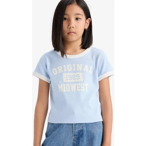 Kız Çocuk Slim Fit Dar Kesim Bisiklet Yaka Baskılı Fitilli Kaşkorse Kısa Kollu Tişört D8542A825SM