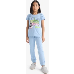 Kız Çocuk Pijama Takımı Kısa Kollu Baskılı Üst Beli Lastikli Uzun Alt E0539A825SM
