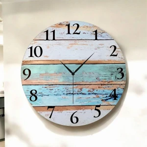 Renkli Baskı Desenli Sayılı Hediyelik Ahşap Sessiz Duvar Saati 45CM