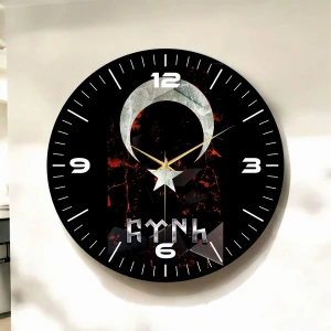 Fynh Renkli Baskı Göktürk Türk Bayrağı Desenli Sayılı Hediyelik Ahşap Sessiz Duvar Saati 45CM