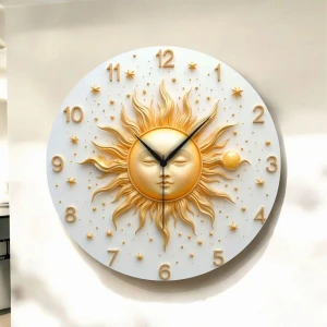 Renkli Baskı Güneş Desenli Sayılı Hediyelik Ahşap Sessiz Duvar Saati 50CM