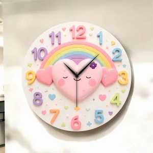 Renkli Baskı Kalp Çocuk Desenli Sayılı Hediyelik Ahşap Sessiz Duvar Saati 45CM