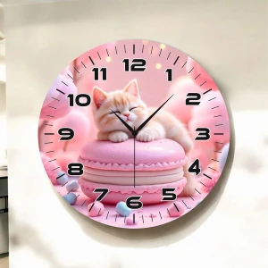 Pembe Kedi Renkli Baskı Hayvan Desenli Sayılı Hediyelik Ahşap Sessiz Duvar Saati 45CM