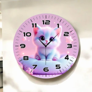 Yavru Kedi Pembe Renkli Baskı Desenli Sayılı Hediyelik Ahşap Sessiz Duvar Saati 45CM
