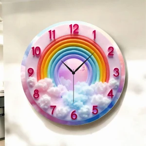 Renkli Baskı Gökkuşağı Desenli Sayılı Hediyelik Ahşap Sessiz Duvar Saati 45CM