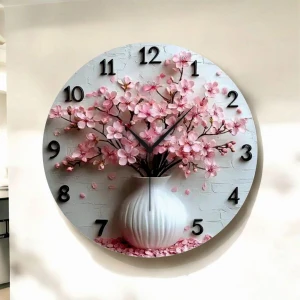 Renkli Baskı Çiçek Saksı Desenli Sayılı Hediyelik Ahşap Sessiz Duvar Saati 45CM