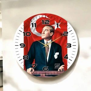 Renkli Baskı Atatürk Türk Bayrak Desenli Sayılı Hediyelik Ahşap Sessiz Duvar Saati 45CM