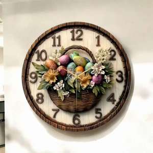 Çiçek Sepeti Kabartma Görünümlü Renkli Baskı Desenli Sayılı Hediyelik Ahşap Sessiz Duvar Saati 45CM