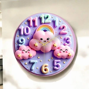 Renkli Baskı Bulut Çocuk Desenli Sayılı Hediyelik Ahşap Sessiz Duvar Saati 45CM