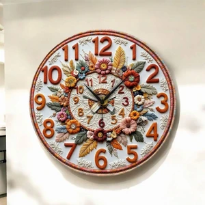 Çiçek Kabartma Görünümlü Renkli Baskı Desenli Sayılı Hediyelik Ahşap Sessiz Duvar Saati 50CM