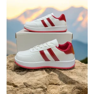 Beyaz-Kırmızı Iki Bantlı Unisex Günlük Hafif Taban Sneaker Spor Ayakkabı