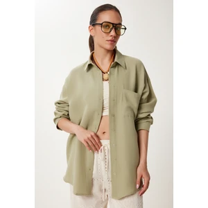 Oversize Basic Müslin Gömlek Açık Haki LMX0002