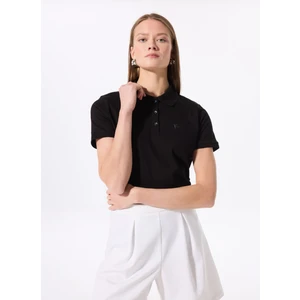 Polo Yaka  Basic Düz Siyah Kadın T-Shirt  -  DEEP