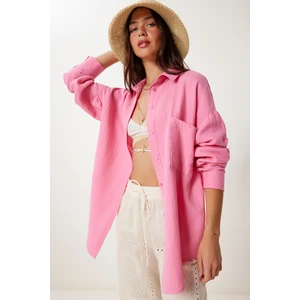Oversize Basic Müslin Gömlek Açık Pembe LMX0002