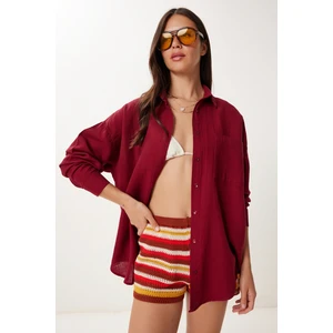 Oversize Basic Müslin Gömlek Bordo LMX0002