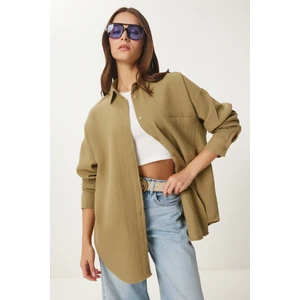 Oversize Basic Müslin Gömlek Yağ Yeşili LMX0002