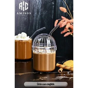 AC AMİSOS Monica 4'lü Cam Pipetli Kristal Desenli Bardak - 400 ml | Soğuk Kahve, Limonata ve Meşrubat Bardağı