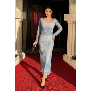 Tül Kumaş Büzgü Detaylı Kalem Elbise - Bebe Mavisi