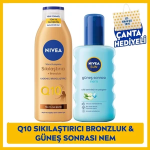 NIVEA SUN Güneş Sonrası Nemlendirici 200ml ve Q10 Bronzluk Vücut Losyonu 200ml, Plaj Çantası Hediye, Nemlendirici, Bronzlaştırıcı, Vücut Bakım