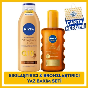 NIVEA SUN Karoten Bronzlaştırıcı Vücut Güneş Spreyi 200ml ve Q10 Bronzluk Vücut Bakım Losyon 200ml, Plaj Çantası Hediye, Nemlendirici, Uzun Süreli Bronzluk, Güneş Bakım