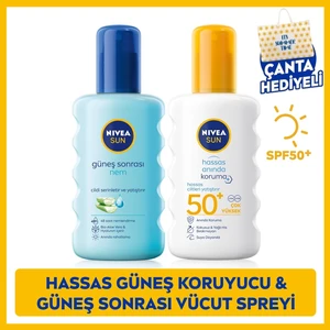 NIVEA SUN SPF50 Hassas Anında Güneş Koruyucu Vücut Spreyi 200ml, Güneş Sonrası Serinletici Nemlendirici Sprey 200ml, Plaj Çanta Hediyeli, Güneş Bakım, Yatıştırıcı, Suya Dayanıklı
