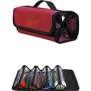 4 Bölümlü Gözlü Kırmızı Kalem Çantası Kulplu