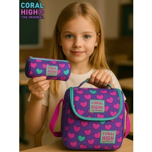 Coral High - Lavanta Pembe Kalp Desenli Üç Bölmeli Kalem Çantası ve Thermo Beslenme Çantası