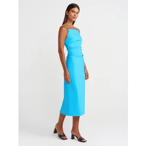 91479 Büzgülü Midi Elbise-Turkuaz