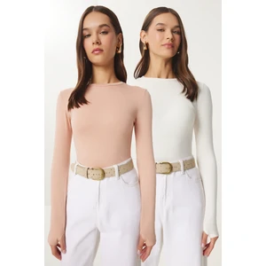 Happiness İstanbul 2' Li Paket Bisiklet Yaka Parmak Geçmeli Basic Örme Bluz Bisküvi Ekru LCR0011